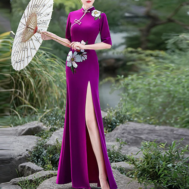 鱼尾新牡丹走秀旗袍演出服女长款修身显瘦改良中国风鱼尾裙舞台裙