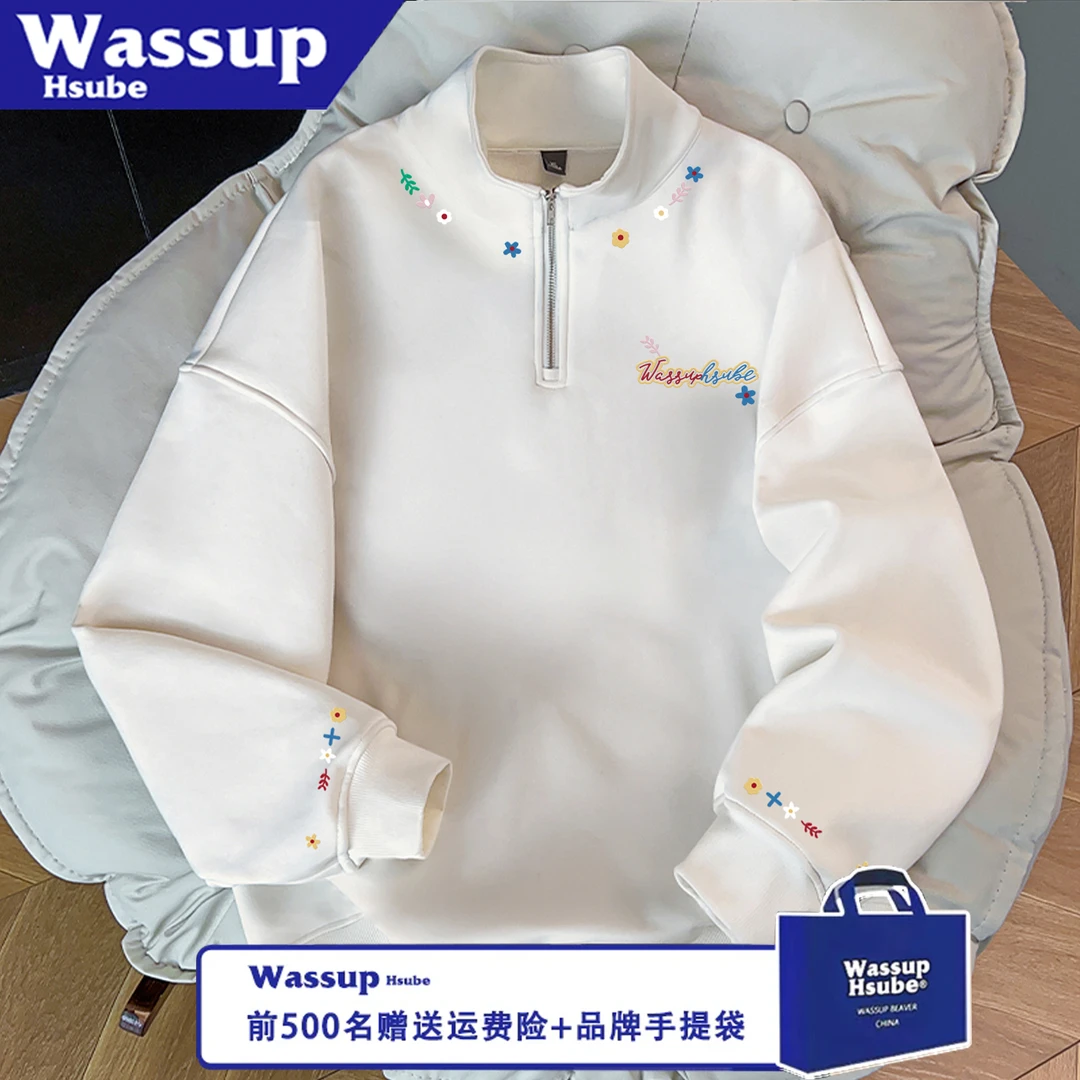 WASSUP HSUBE潮流印花情侣长袖宽松秋冬艺术花卉拉链字母休闲上衣