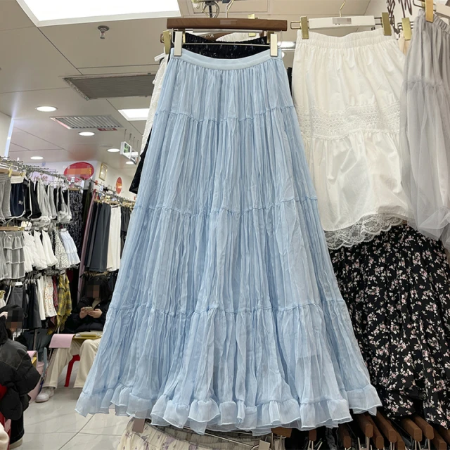 中长款松紧腰褶皱半身裙女2025春夏新款高腰百搭仙女大摆裙子454J