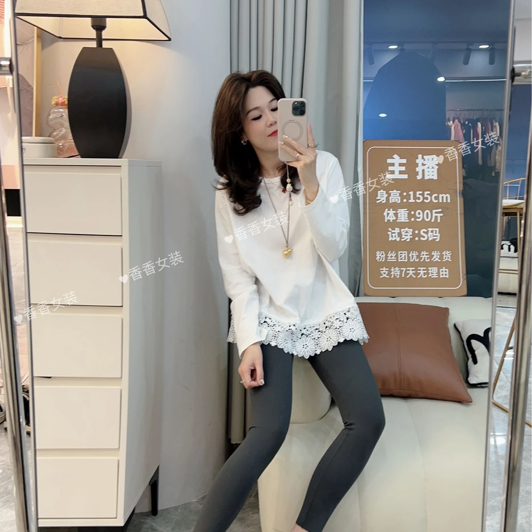 2025早春小个子新款蕾丝拼接T恤假两件上衣