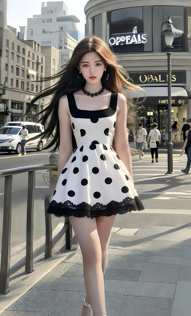 夏季新款黑白波点方领蕾丝边修身收腰小众轻奢优雅氛围感连衣裙女