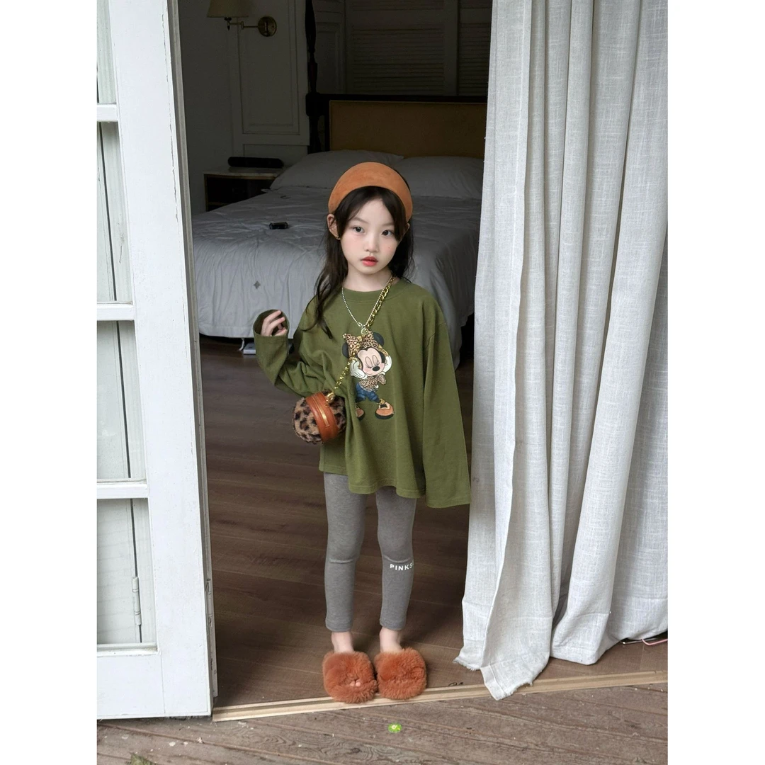 Bmy2025at 女童秋季新款韩版卡通印花长袖T字母印花打底裤套装