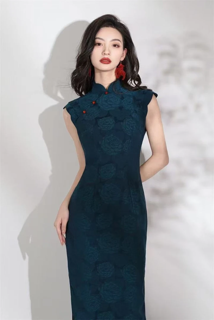 2025春夏新款双层仿铜氨弹力提花双层长款旗袍