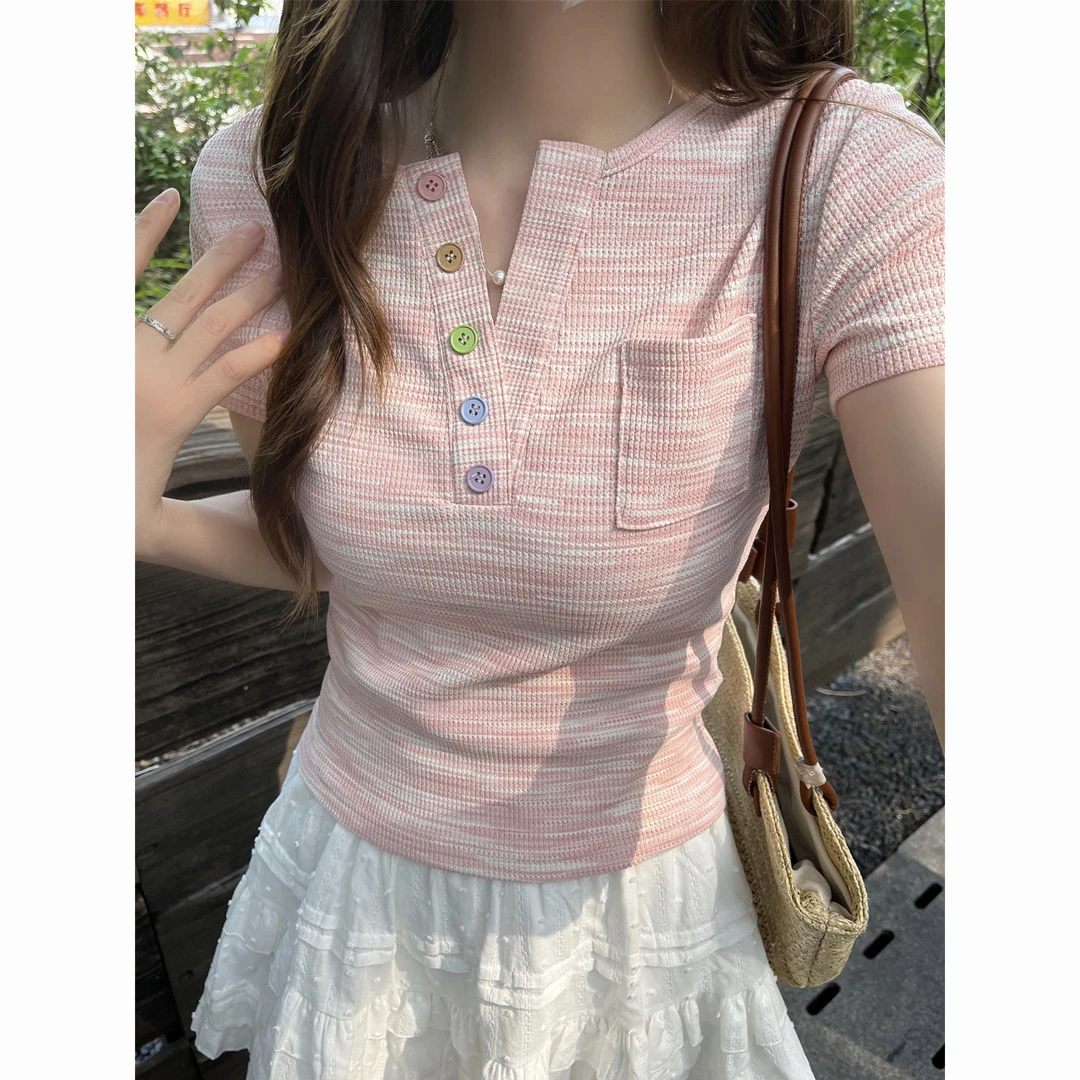 多巴胺新款短袖T恤女夏季修身显瘦设计感纯欲辣妹正肩上衣ins洋气