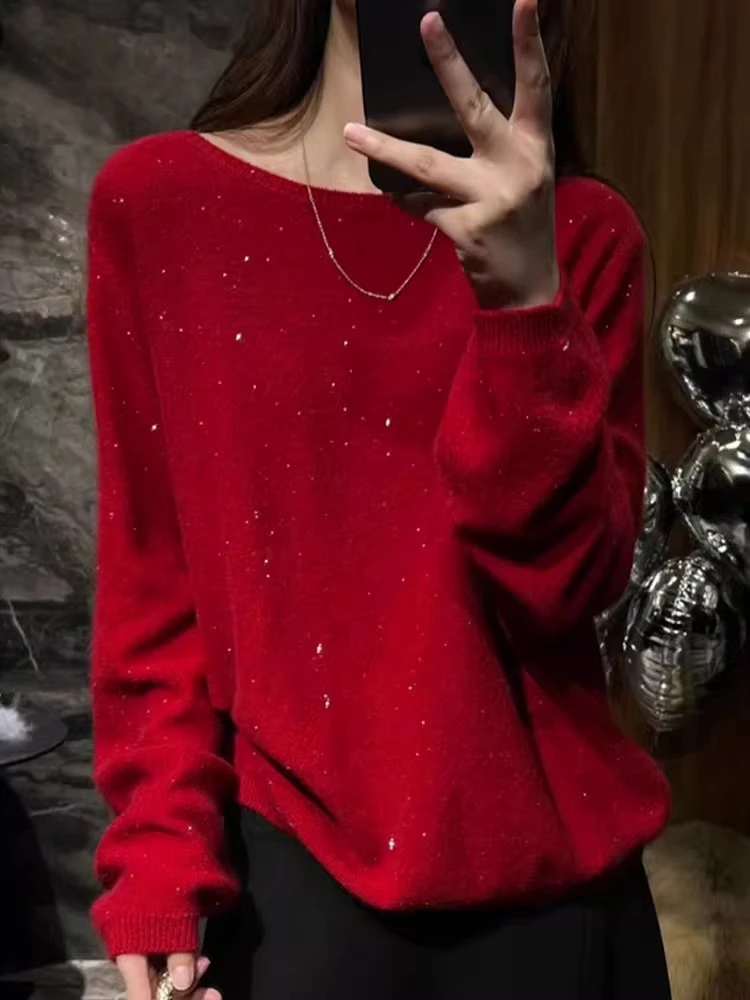韩系红色长袖针织毛衣女2025秋冬季新款时尚宽松显瘦百搭柔软上衣