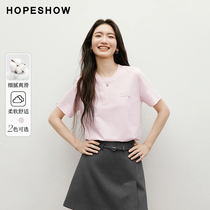 红袖2025夏季新款女装 蕾丝贴标正肩H型圆领套头T恤90125180202