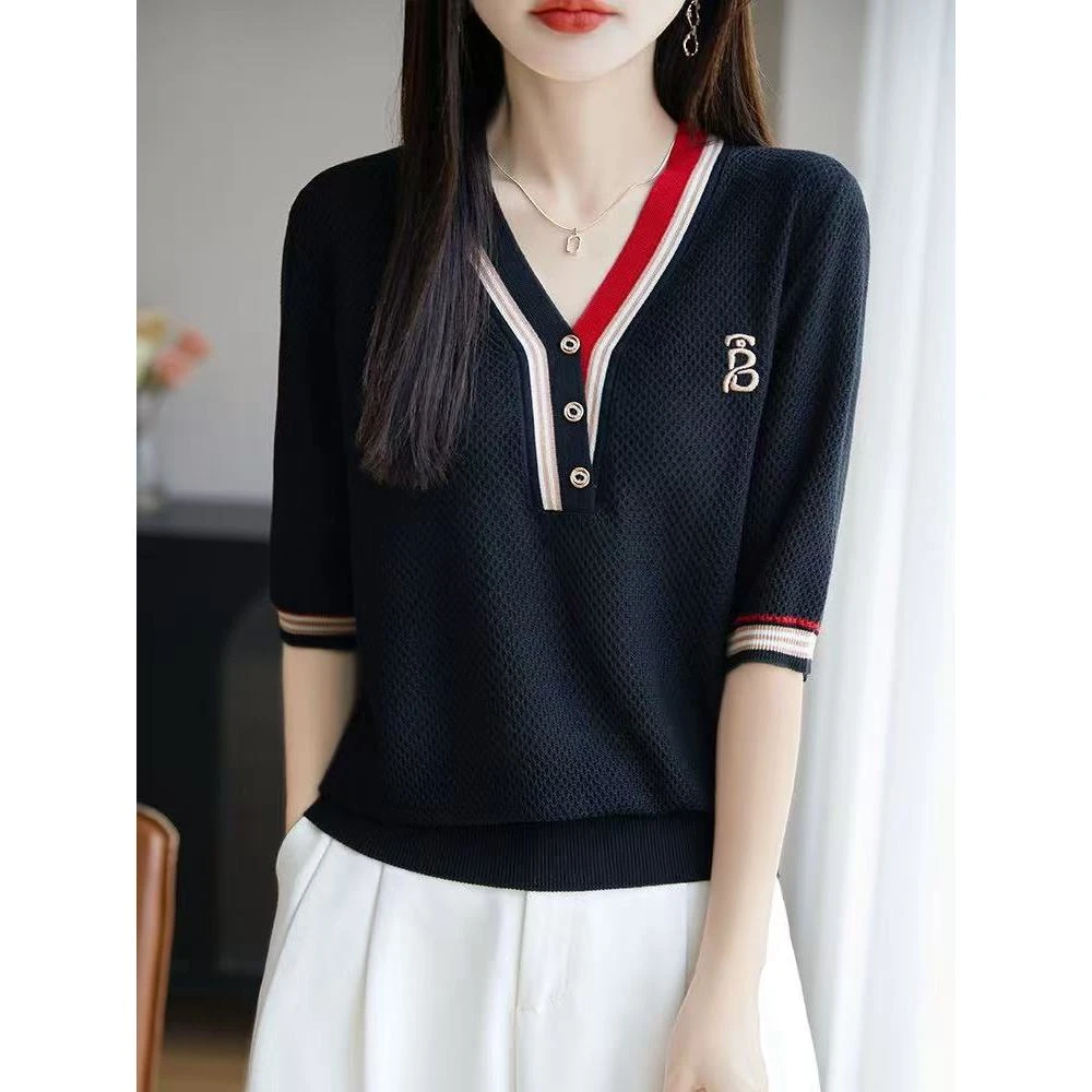 100莱赛尔天丝短袖夏季针织衫撞色v领条纹T恤套头显瘦上衣女