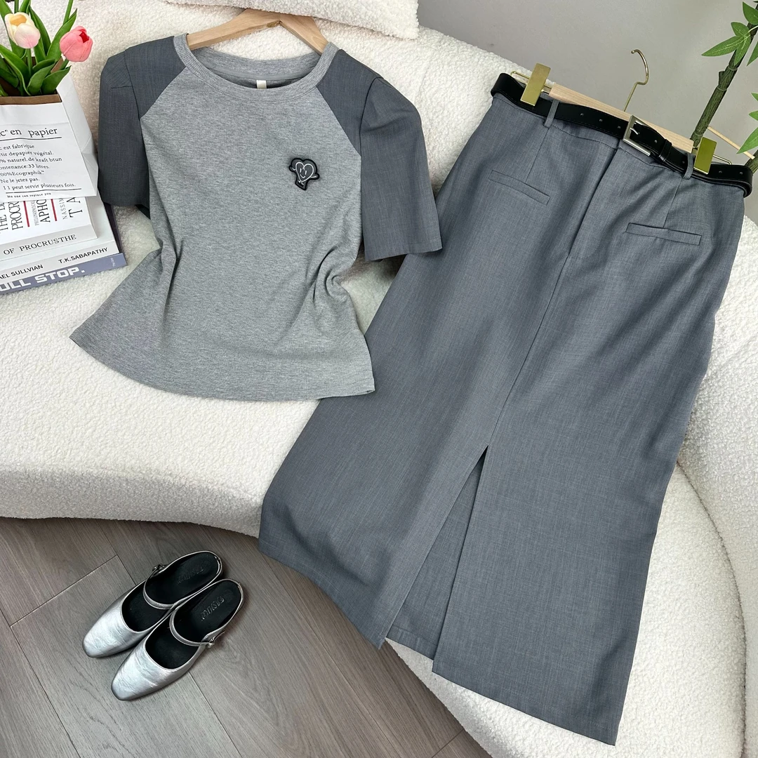 T282夏款时尚设计款圆领西装拼接T恤开叉半身裙两件套套装DM7