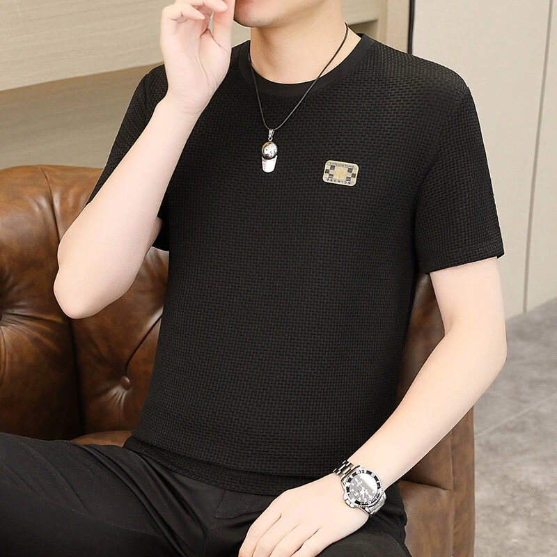 冰丝锦纶爆款短袖男士夏季休闲潮流圆领上衣时尚透气薄款韩版