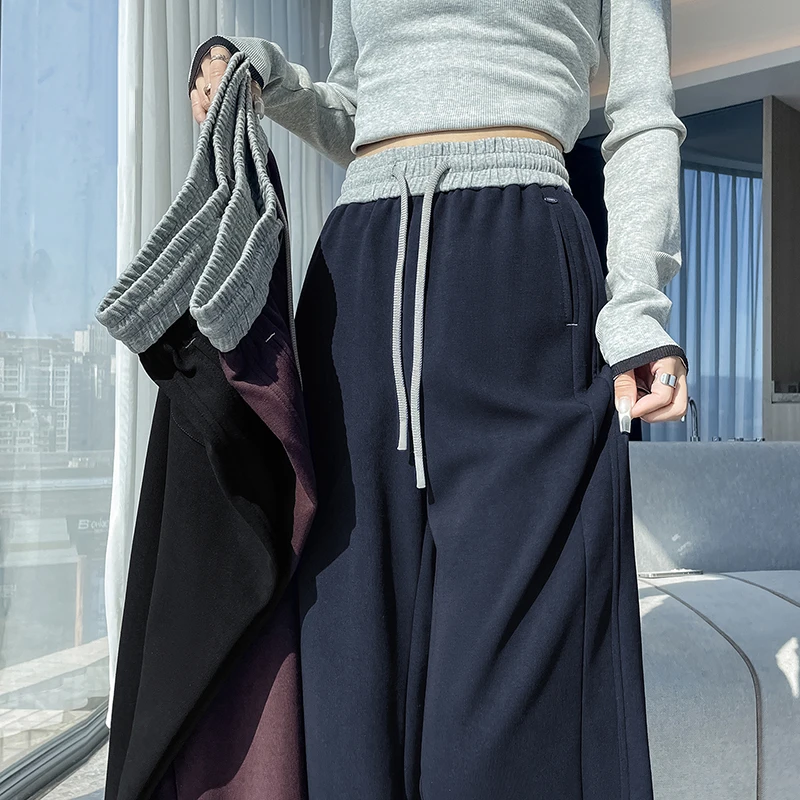 藏蓝色加绒运动裤女秋冬2025新款高腰显瘦垂感宽松休闲阔腿卫裤子