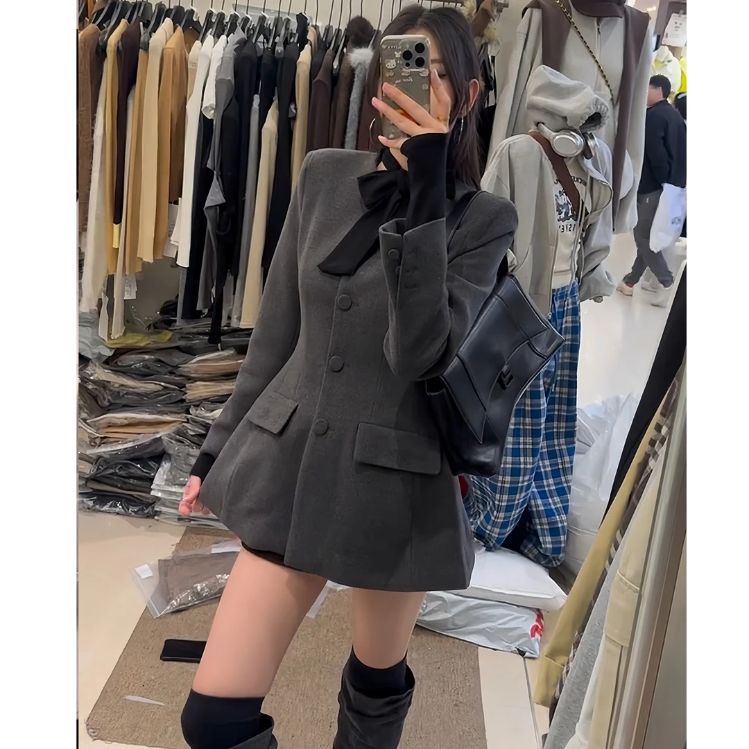 深灰色小香风毛呢外套女冬装新款厚黑穿搭夹棉保暖沙漏腰呢子大衣