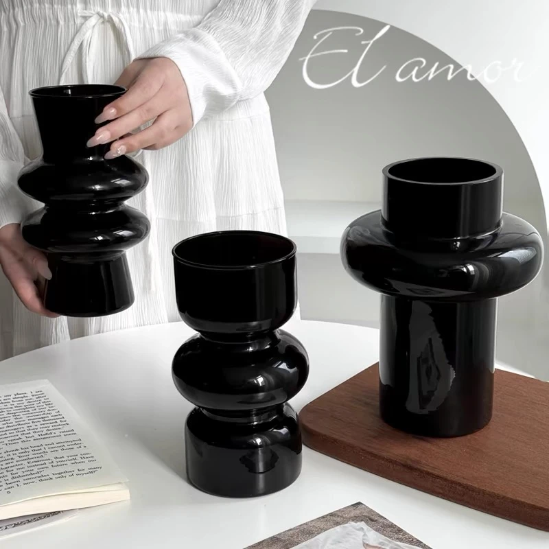 黑色玻璃花瓶轻奢小众高级感客厅插花ins风复古中古水培创意摆件