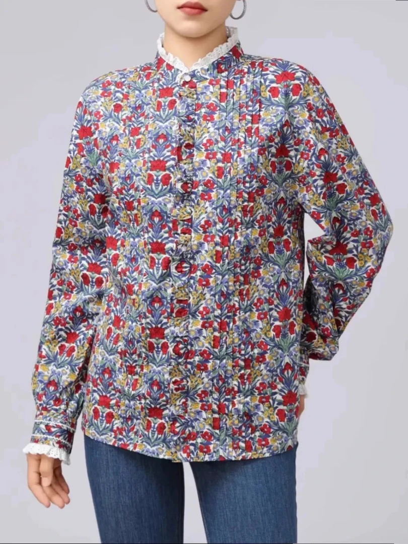 【商场同款】2025春秋新款时尚气质花色立领碎花长袖衬衫5301059