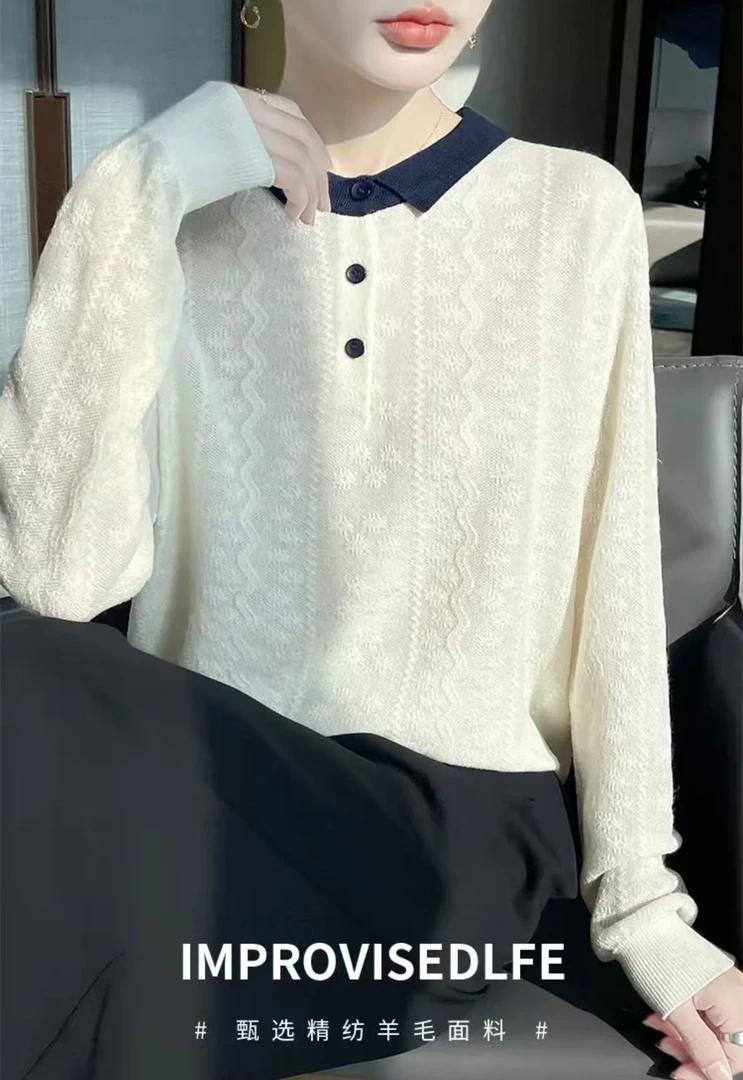 初秋Polo领长袖复古镂空针织衫女装韩版显瘦套头羊毛衫宽松上衣女