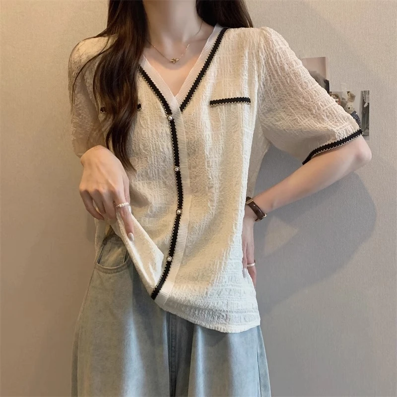 大码女装V领蕾丝抽褶衬衫女夏季胖mm宽松显瘦遮肚气质短袖t恤上衣