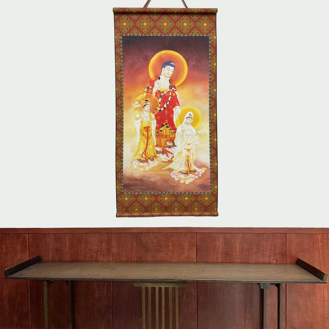 【52西方三圣】净尺寸40X85cm简约挂轴装饰画