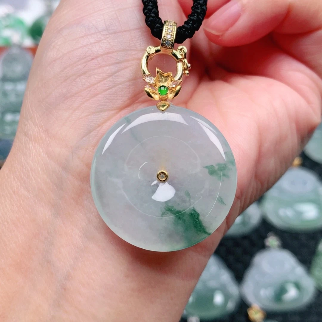 翡翠A货 18k金镶嵌冰润飘花大平安扣吊坠