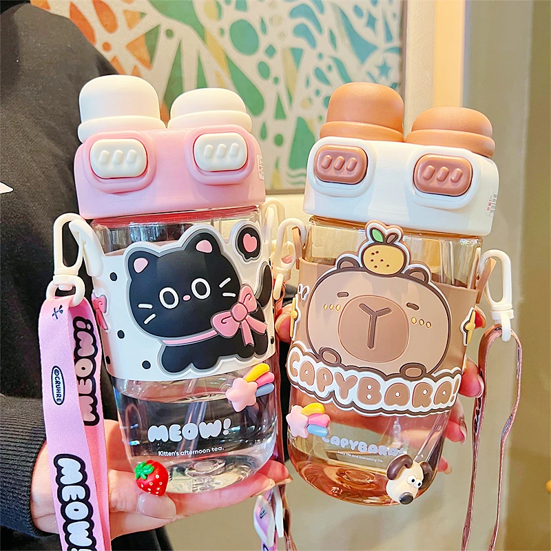 可爱卡通双饮带吸管塑料杯女高颜值时尚新款水杯学生儿童便携杯子