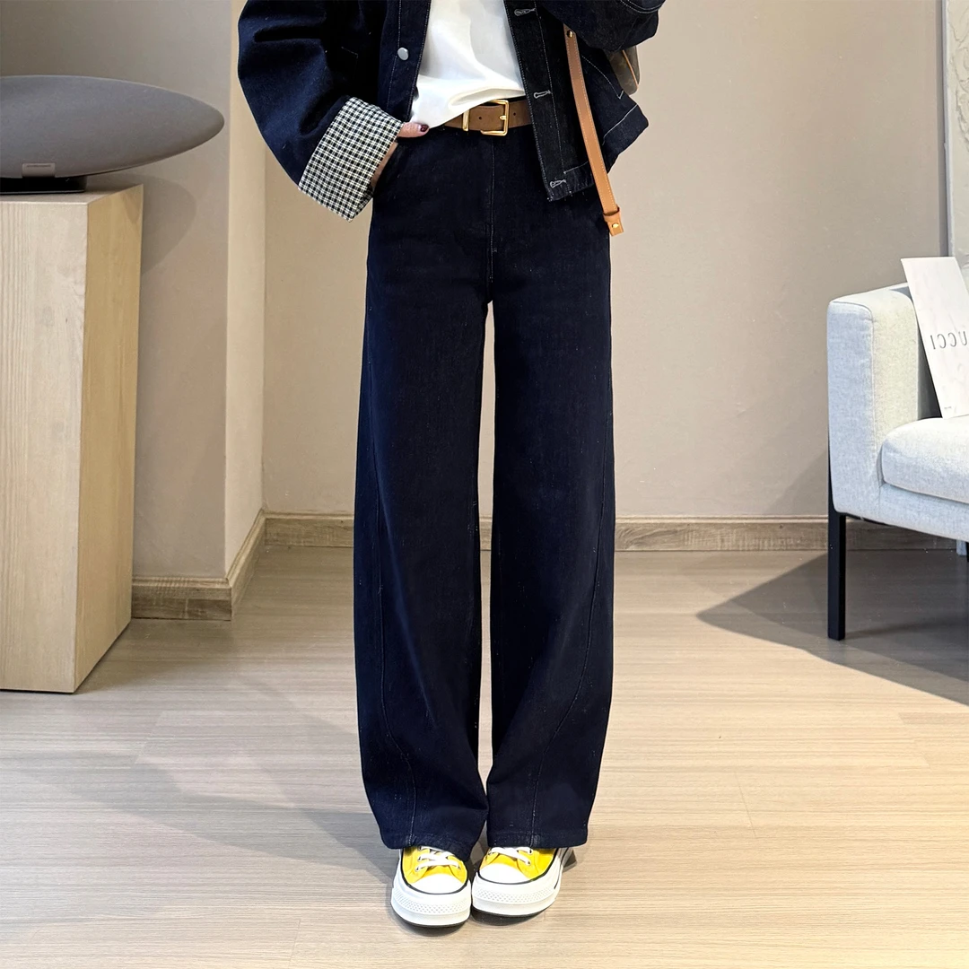 靓小靓【黑金斜裁弯刀裤】无腰设计牛仔裤防褪色阔腿深蓝长裤LT9260