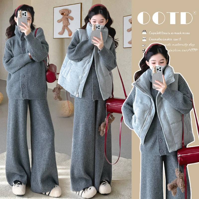 孕妇套装新款秋冬软糯亲肤开扣毛衣休闲时宽松套装百搭休闲马甲