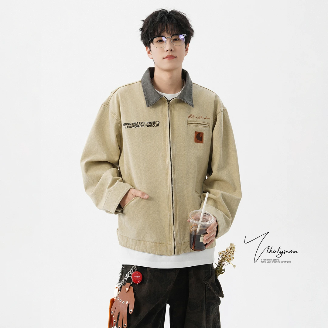 V37美式翻领底特律夹克男秋巴恩风复古工装外套潮牌休闲短款上衣