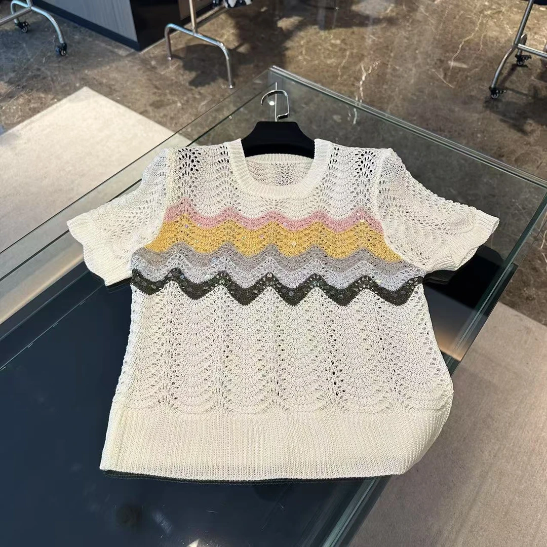 新款百搭波浪拼色针织短袖