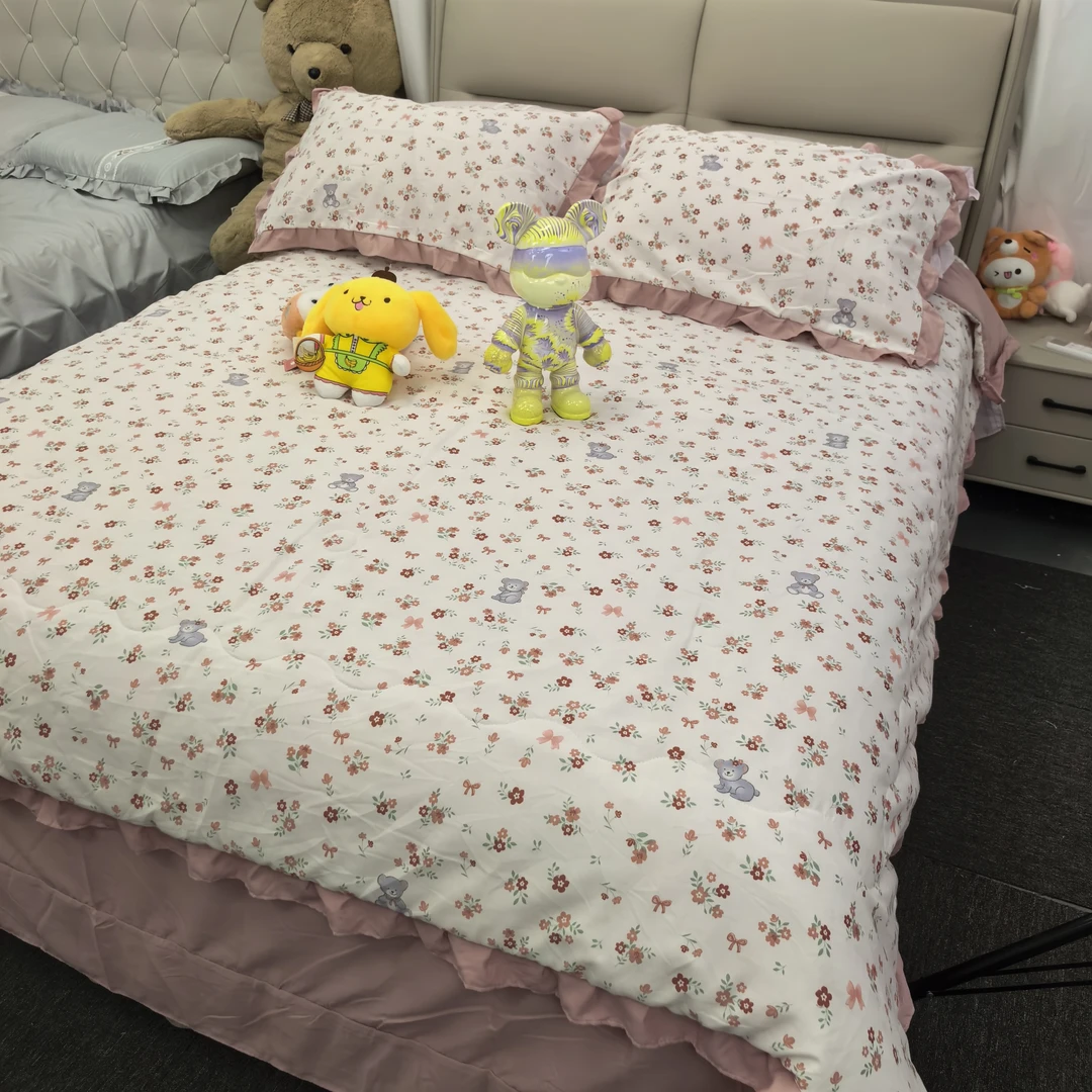 【韩版花边四件套】小熊加厚夹棉机洗小碎花小清新公主风绗缝件套