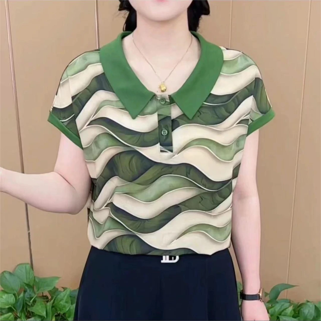 夏季新款时尚娃娃领印花洋气设计感显瘦百搭短袖T恤