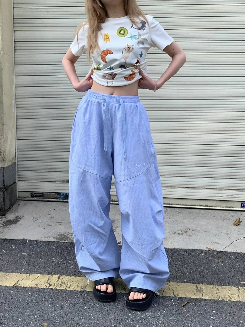 美式条纹伞兵裤休闲裤女春宽松百搭设计感阔腿抽绳直筒长裤