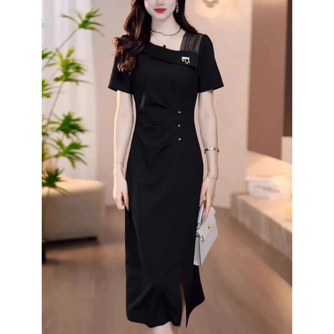 今年流行爆款时尚简约连衣裙2025新款端庄大气收腰显瘦过膝开叉裙