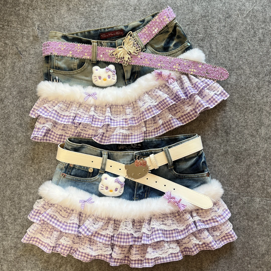 兰总y2k“紫格子”古着牛仔半身裙微瑕牛仔随机-可直拍