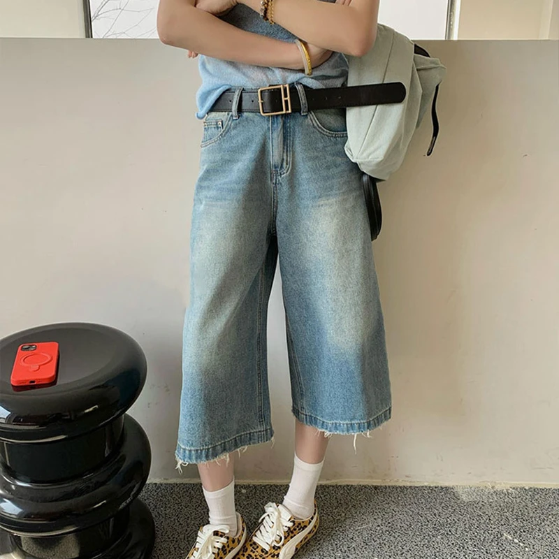 美式复古高街牛仔裤子女夏季2025新款别致高腰直筒阔腿七分裤中裤