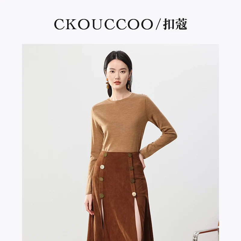 CKOUCCOO/扣蔻可机洗48支精纺美利奴羊毛针织衫女圆领打底衫上衣