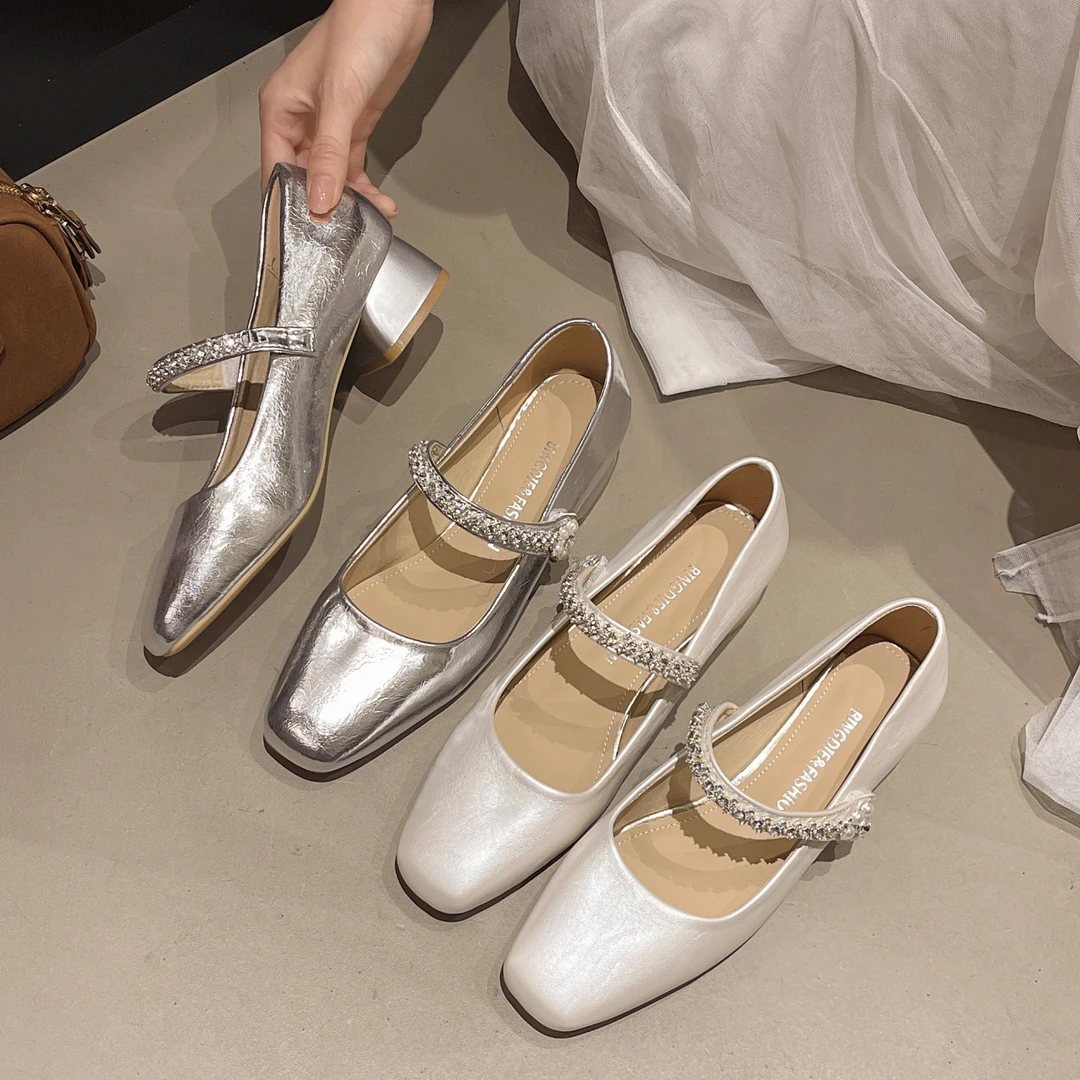 3cm低跟软皮软底新款法式玛丽珍粗跟高跟鞋2025夏季浅口方头单鞋