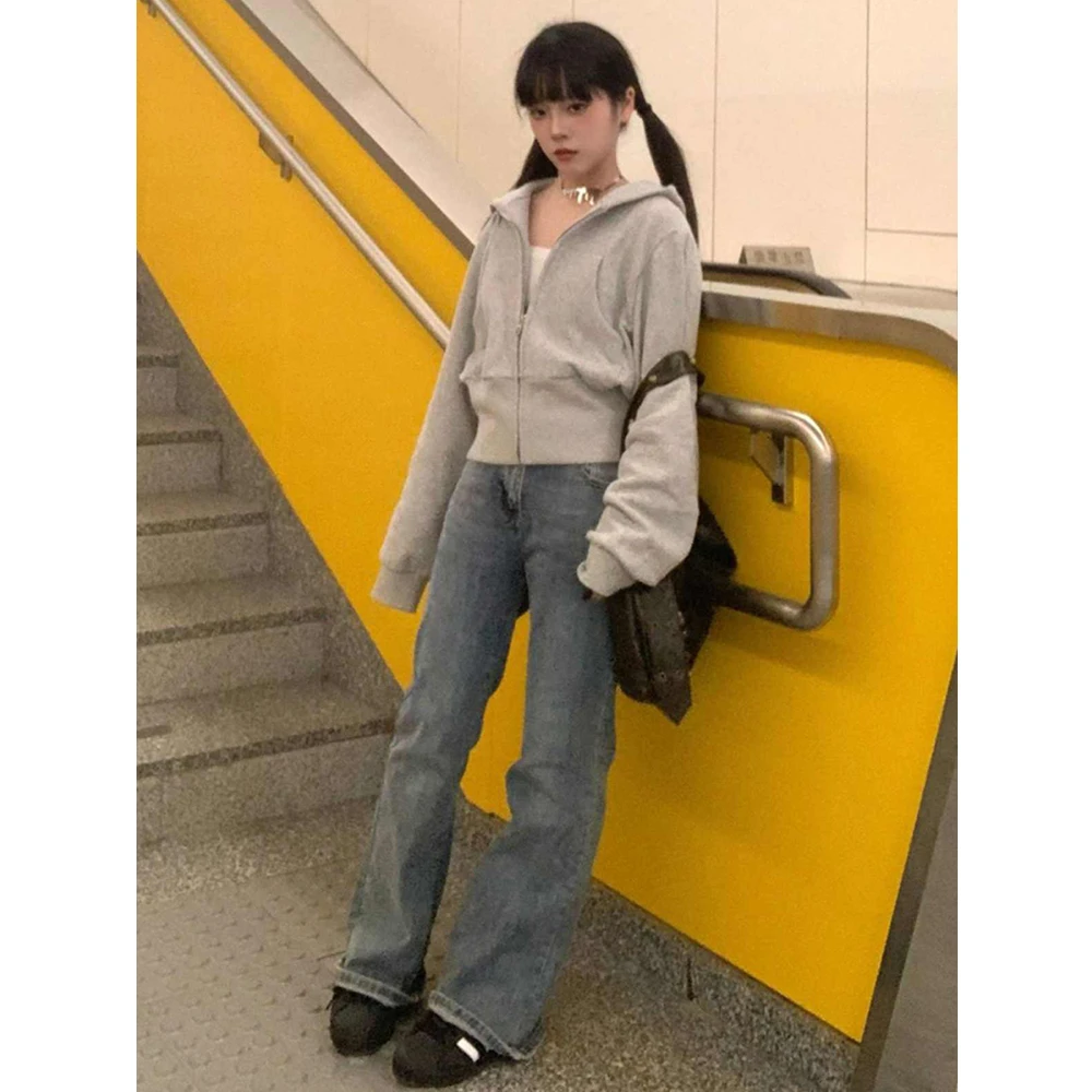 美式复古连帽短款外套女学院风休闲卫衣基础款百搭灰色开衫上衣潮