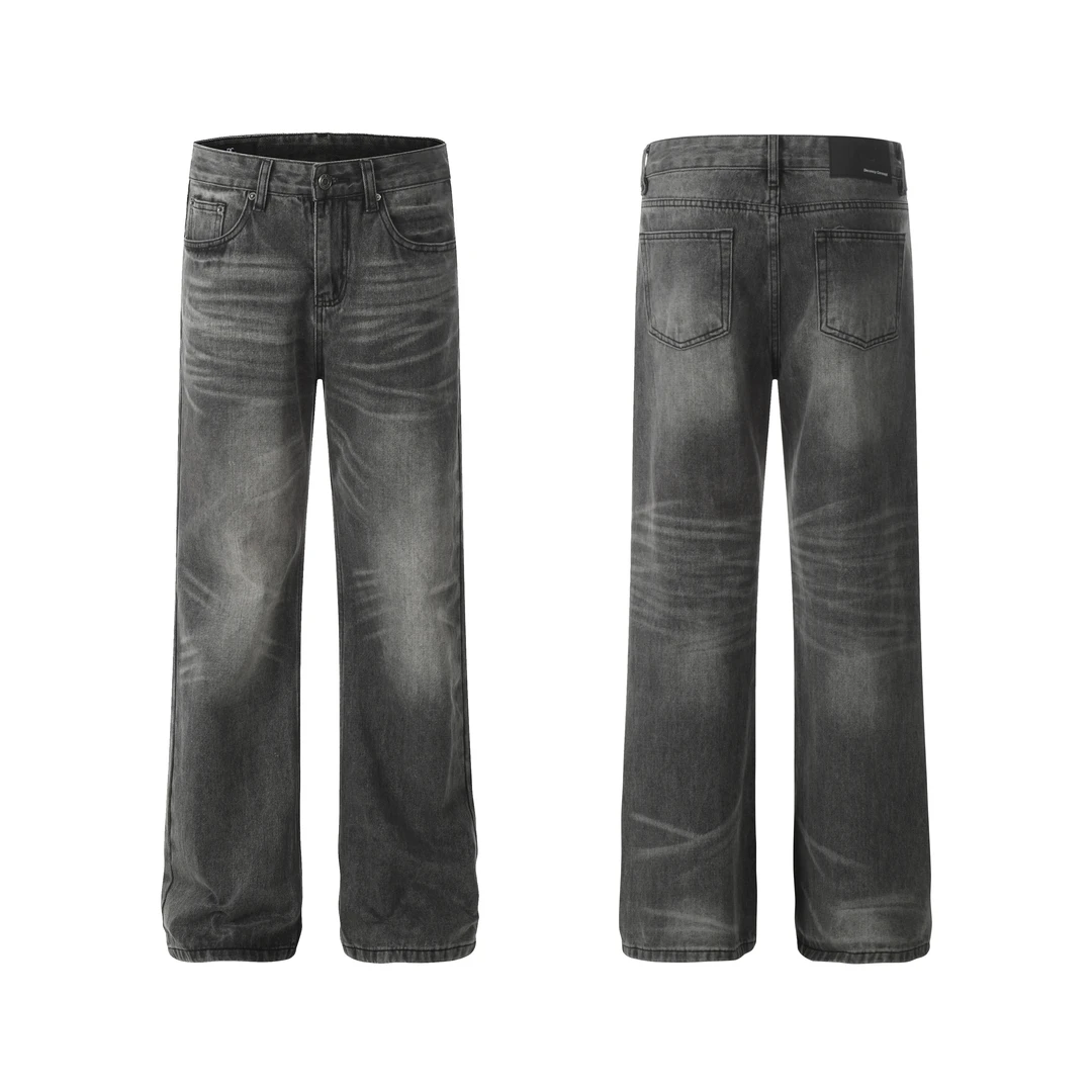 美式复古高街水洗折痕微喇叭牛仔裤男士复古痞帅炸街hiphop休闲裤