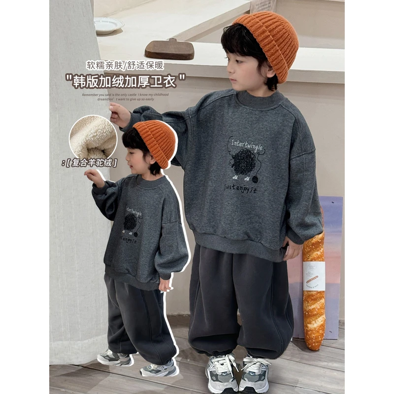 《爆款推荐》韩版男女童25DL601绒卫衣秋冬儿童一体绒套头衫潮