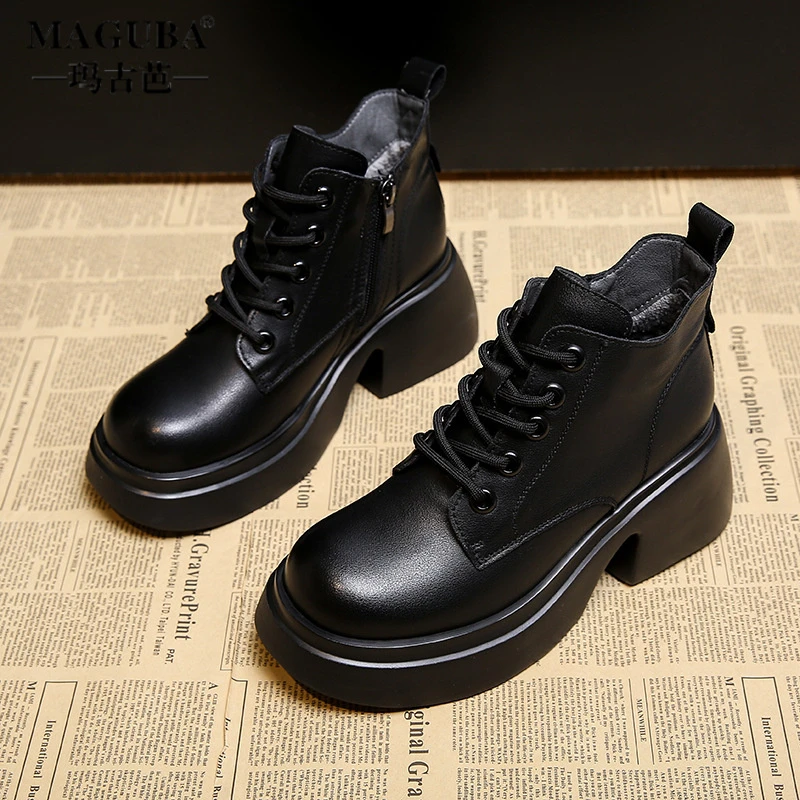 玛古芭马丁靴女新款秋季英伦风厚底侧拉链百搭瘦瘦靴黑色小短靴