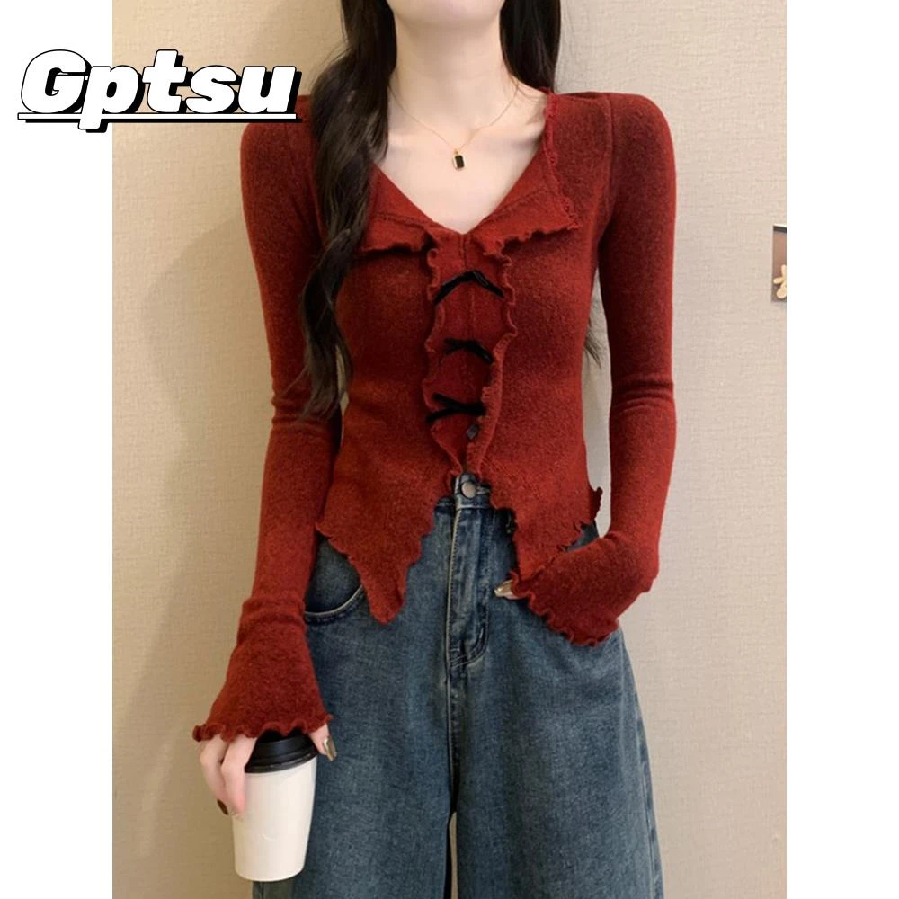 GPTSu安哥拉红v领打底衫女士秋装内搭过年本命年毛衣2025长袖上衣