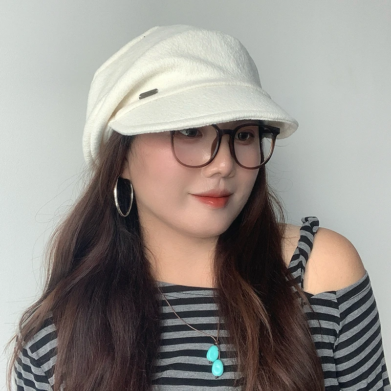 ［大头阿枝］大头围毛呢八角帽秋冬女梯形顶帽子椭圆标软檐贝雷帽
