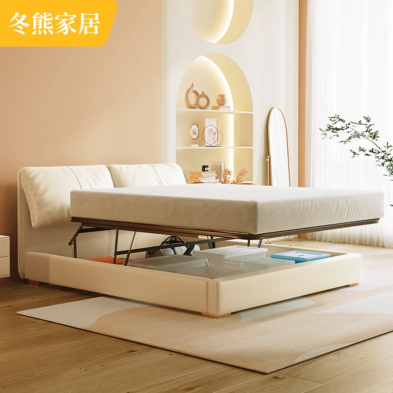 冬熊头层牛皮轻奢现代真皮床主卧大床意式白色大象耳朵婚床BC032