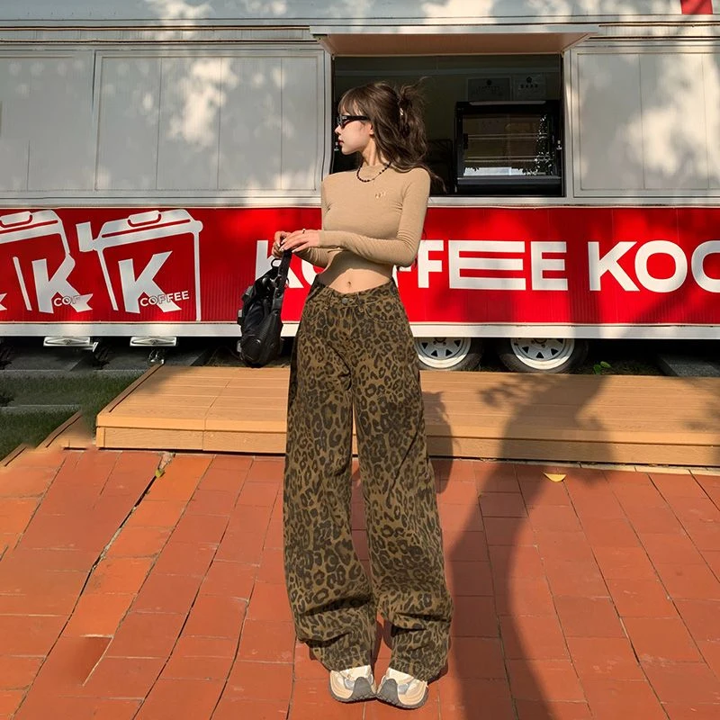 2025春季新品美式复古辣妹豹纹宽松阔腿裤小众直筒牛仔裤女