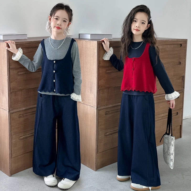 女童秋款套装2025新款秋季儿童洋气针织马甲打底衫女童裤子三件套