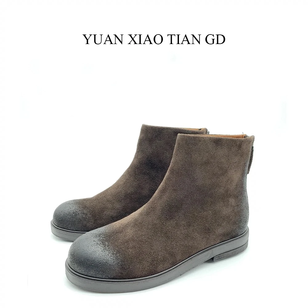 小天哥-马丁靴 24新款麂皮做旧复古百搭侧拉链女士圆头粗跟中筒靴