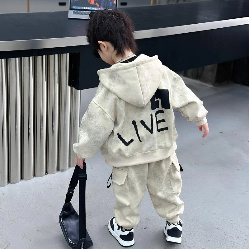 男童工装撒银外套裤子套装时髦春秋男孩子酷帅洋气衣服男生两件套