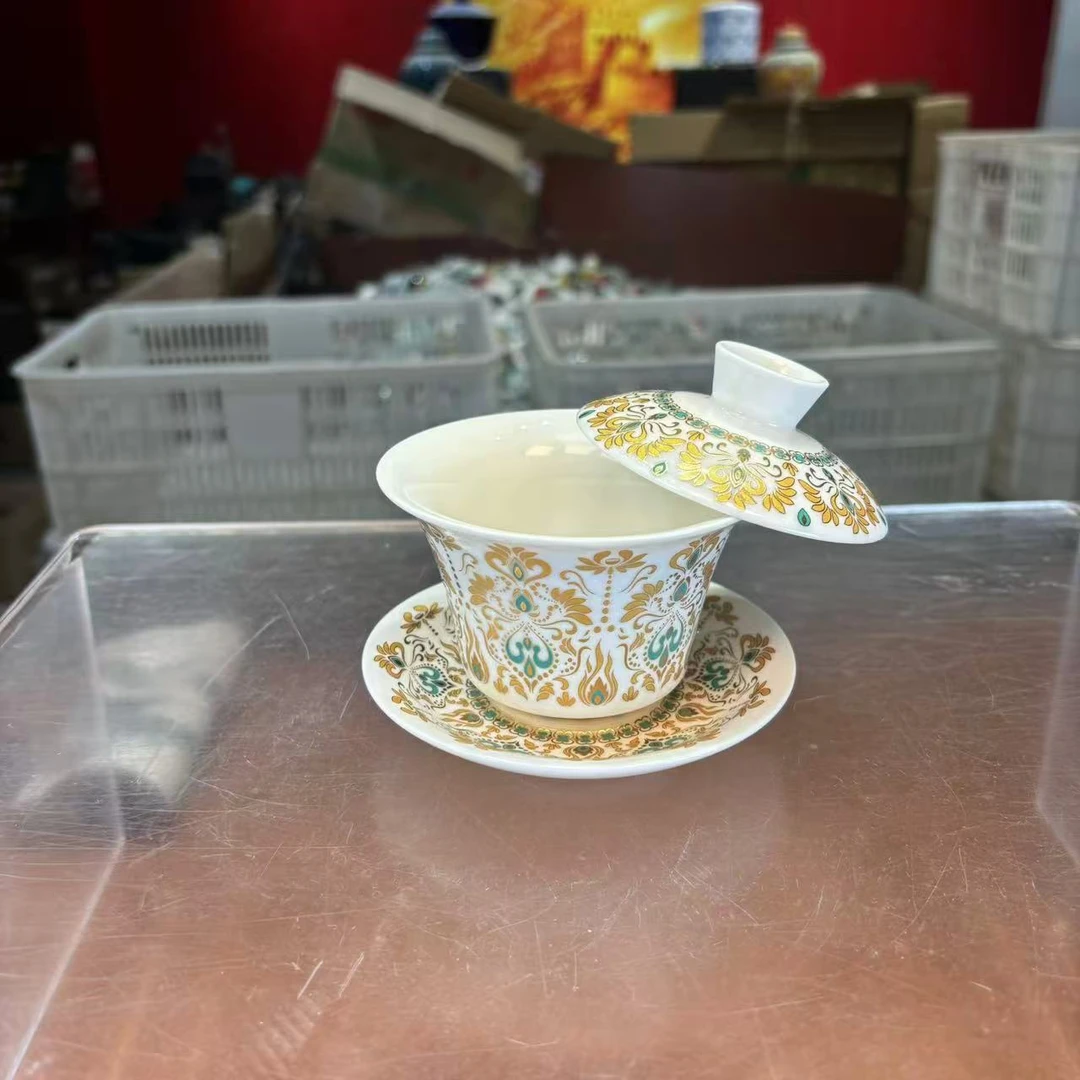 秋香茶具羊脂玉瓷金银措三才盖碗中式家用简约悬停盖碗-