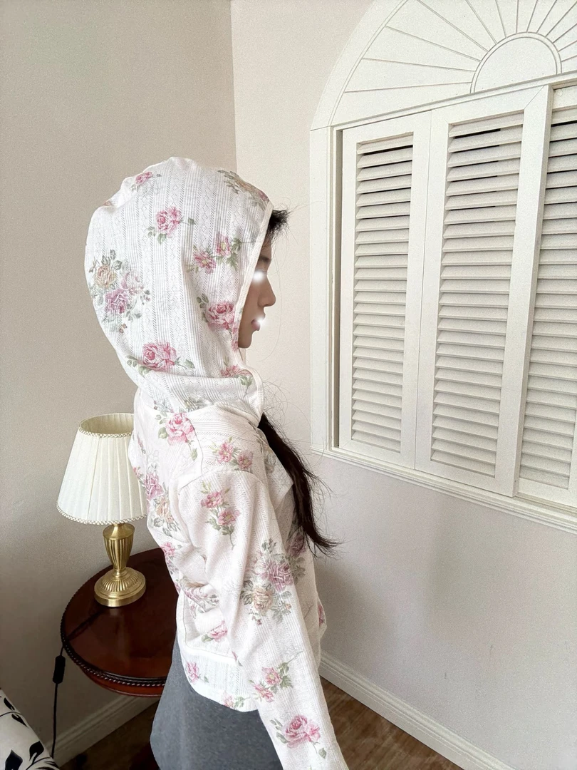 韩系氛围感女早秋宽松薄款拉链上衣彩色花卉印花小众连帽长袖开衫