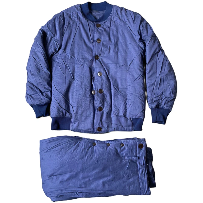 男士蓝色棉衣棉裤保暖套装海款防寒保暖轻便棉服加绒双层加厚