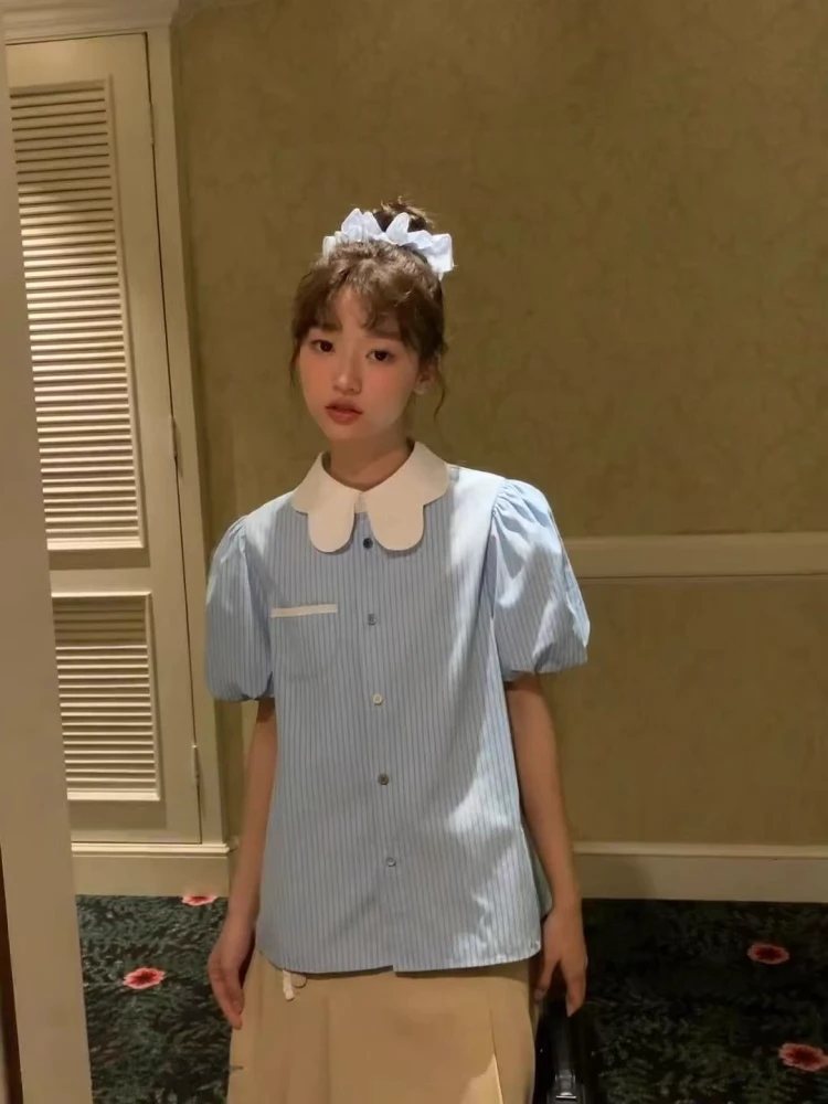 娃娃领蓝色条纹短袖衬衫女夏季新款泡泡袖可爱开衫学院风少女上衣