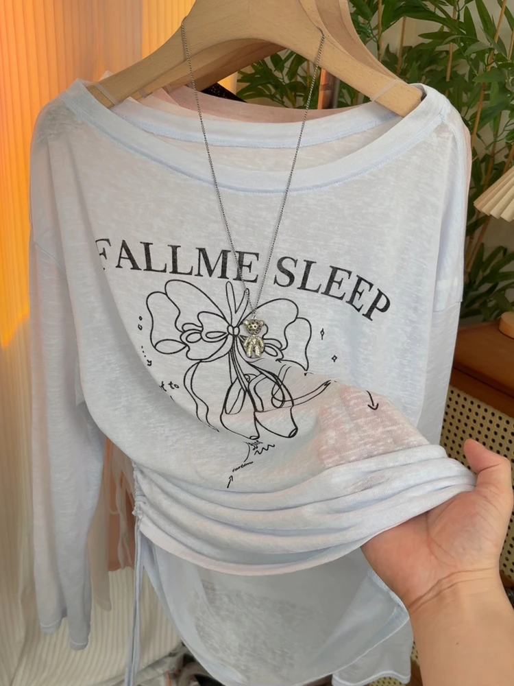 防晒T恤长袖女夏季宽松显瘦薄款空调罩衫上衣长袖微透外搭空调衫